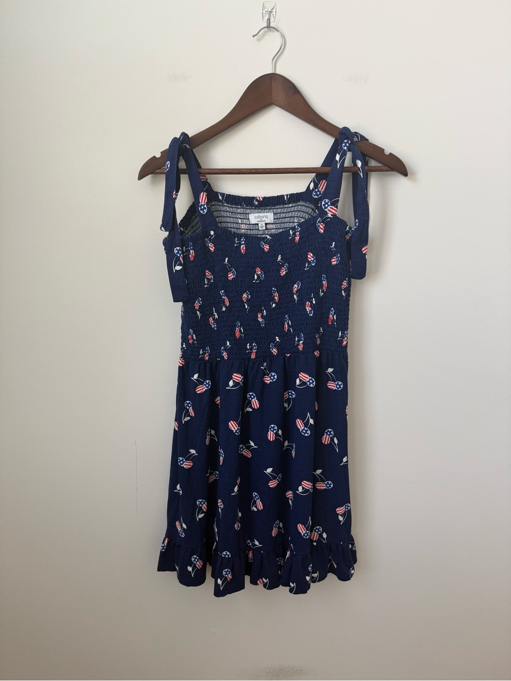 Cabana by Crown and Ivy Patriotic Cherries Smocked‎ Dress Tie Straps USA Size XL